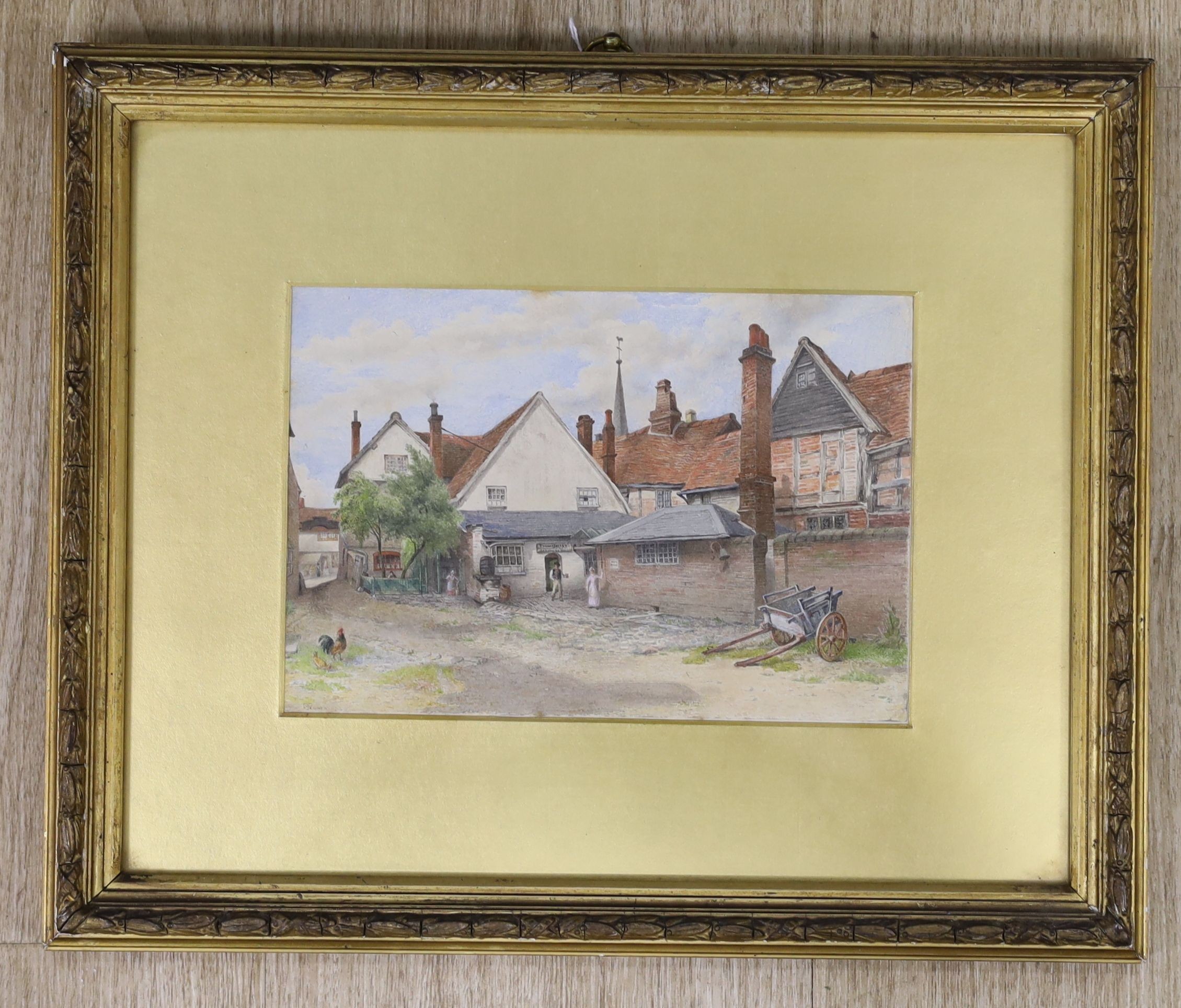 William John Montaigne (1839-1902) - watercolour, Old inn and buildings at Hemel Hempstead, signed with label verso, 14 x 20cm